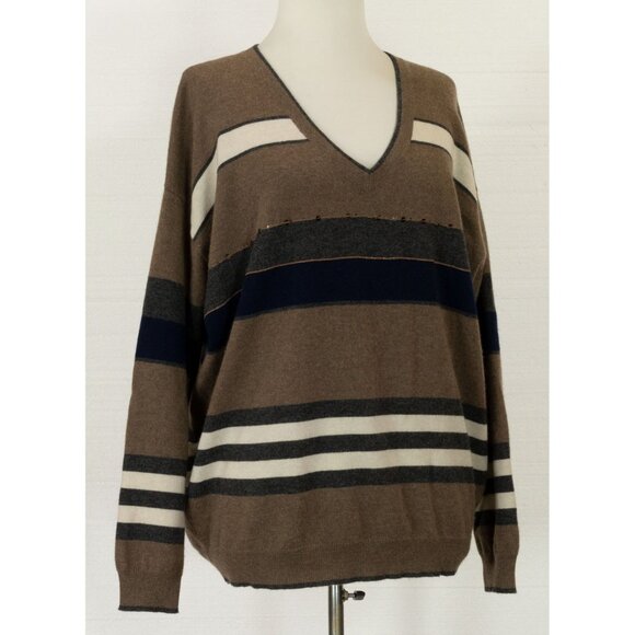 BRUNELLO CUCINELLI 100% CASHMERE STRIPED V-NECK SWEATER W/SEQUIN AND MONILI M - Picture 9 of 10